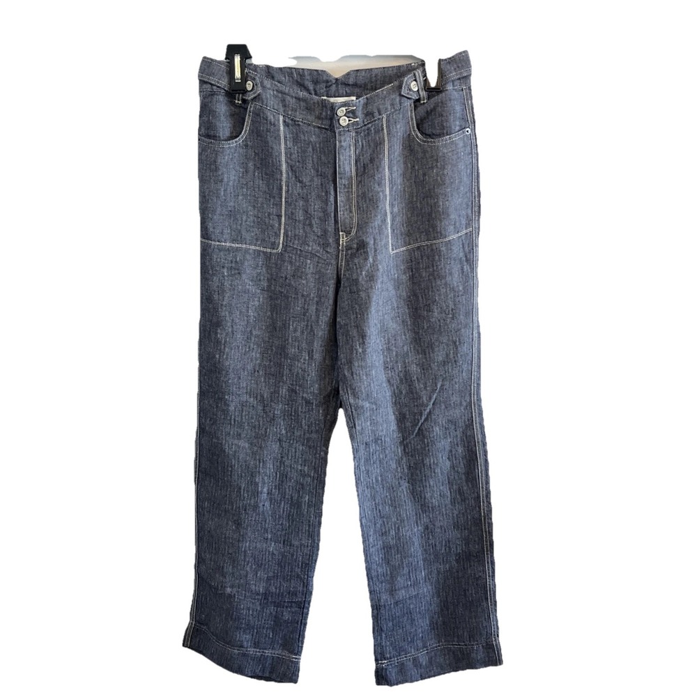 Sundance River Bank Pant Ladies 14 Blue 100% Linen Cropped Wide Leg Herringbone